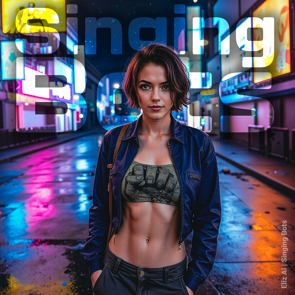 Cover of Singing Bots Album, with Eliz in a futuristic street